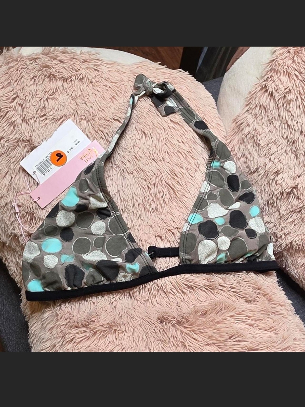 Polka Dot Triangle Bikini Top in Aqua & Gray